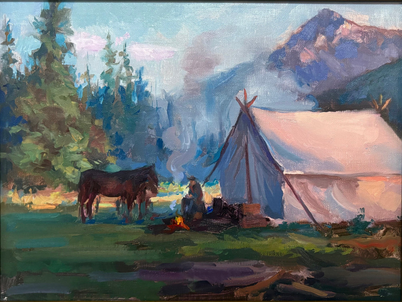 An oil painting of a mountain campsite scene, featuring a canvas tent, a campfire with a figure, and a horse, all enclosed in a gold frame.