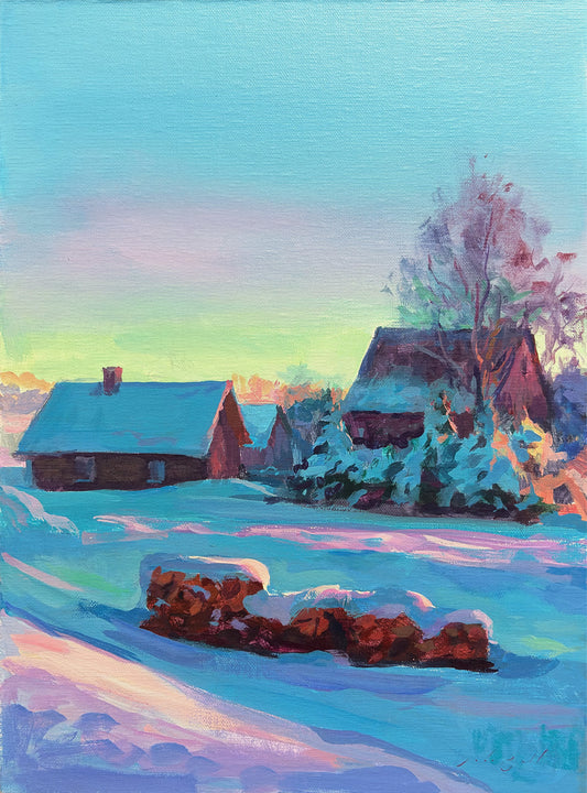 An original painting of a snowy landscape with rural buildings, house and trees.