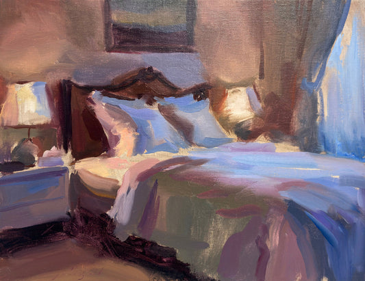An impressionistic oil painting of a bed in a bedroom, rendered with visible brushstrokes in soft lavender, blue, beige, brown, and muted pink tones.