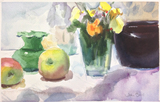 A Watercolor painting of a green glass vase, flowers and apples on a table.
