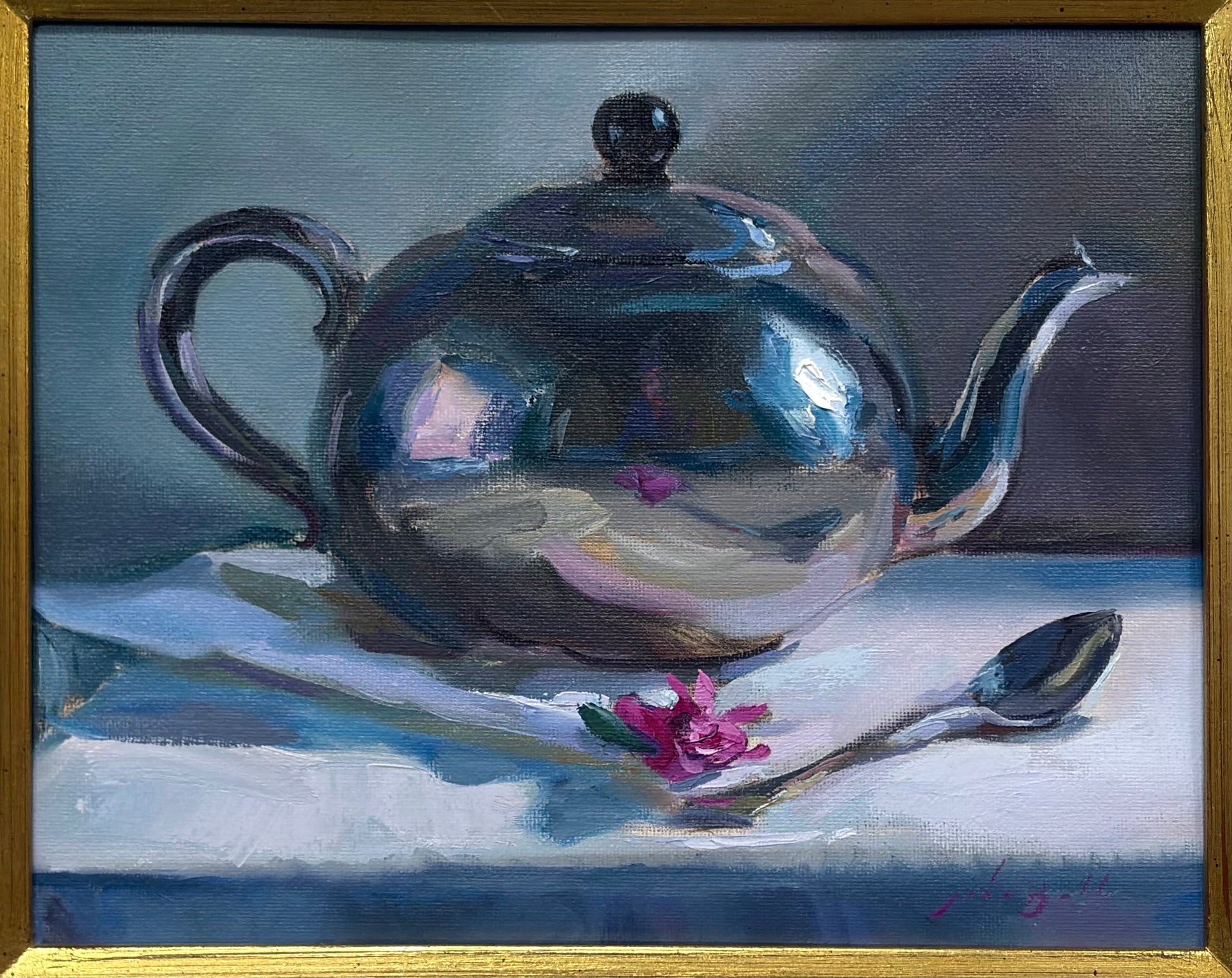 Oil painting of a silver teapot with a spoon and pink flower on a blue background