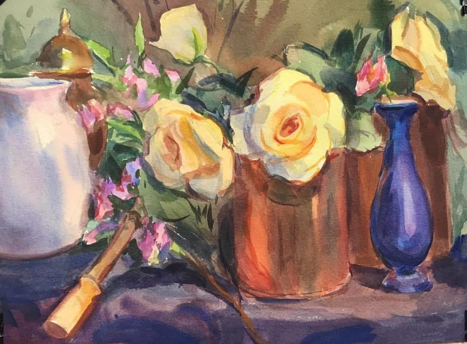 Original watercolor still life painting with flowers, a blue vase, and other objects on a table. 9"x 12" 